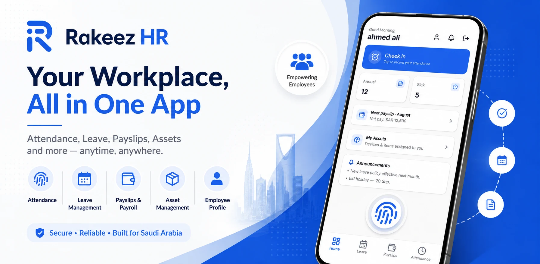 The companion app to the HR platform. Employees check in, request leave and read their payslips from a phone.