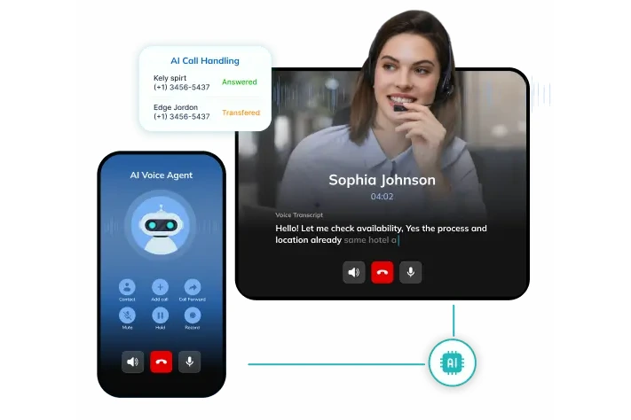 A real-time voice agent over WebRTC: a caller speaks, a model answers, and the conversation is handed to a person on request. The same stack answers on this site.